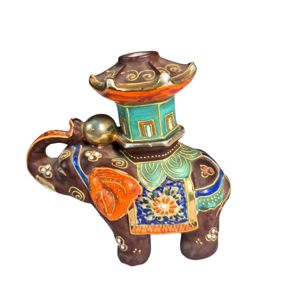 Vintage Japanese Ceramic Elephant Figurine Intricate Moriage Raised Decoration